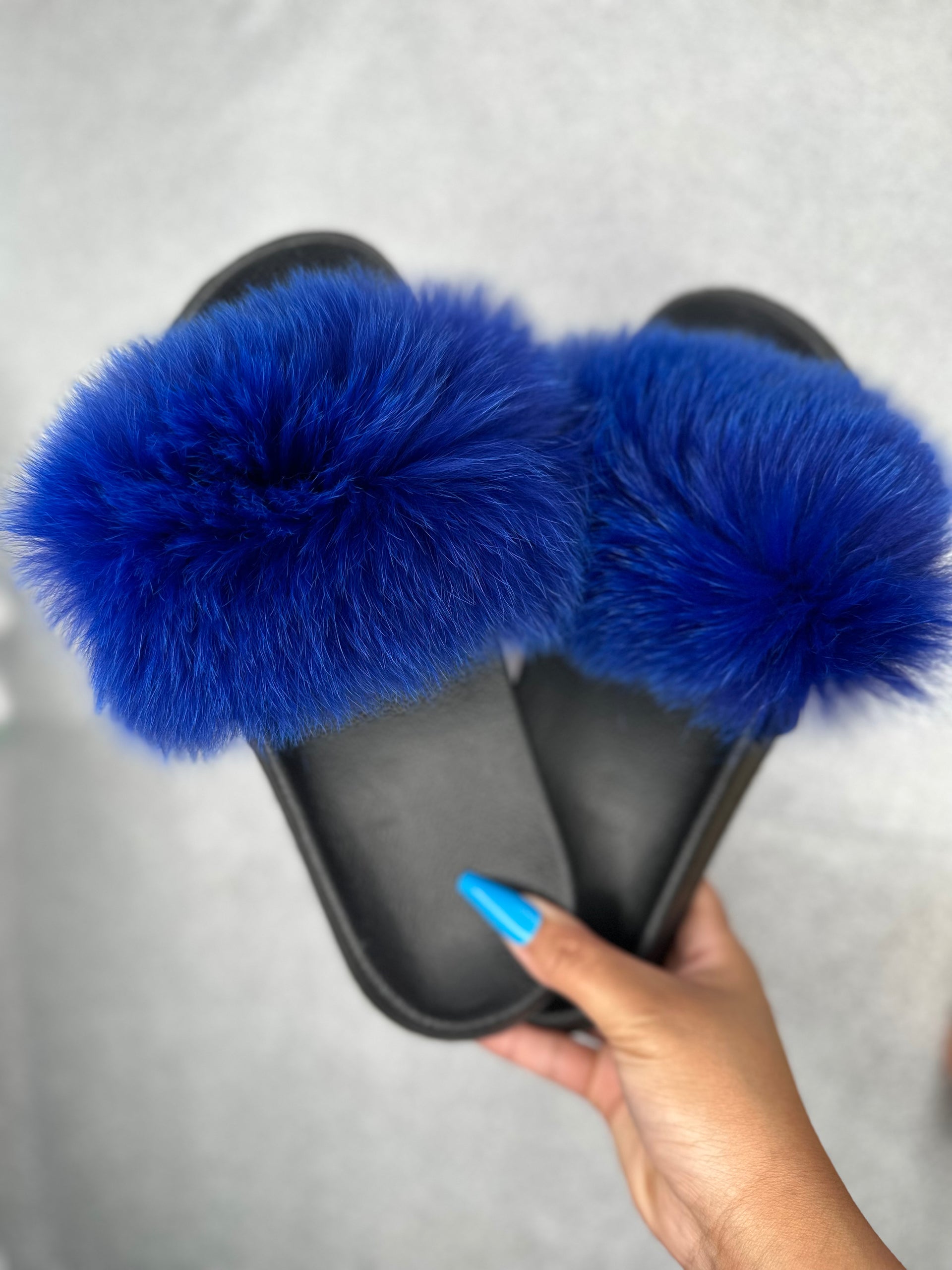 Blue cheap fur slides